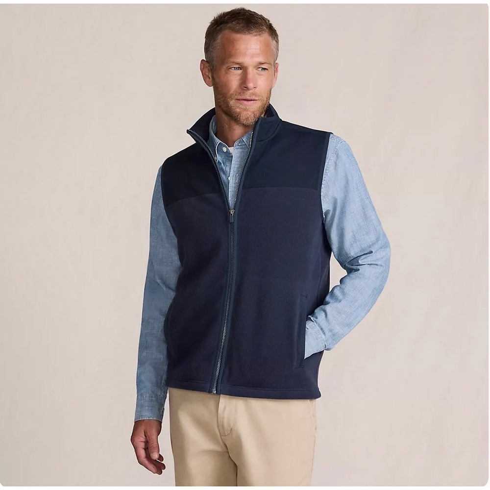 Lands End Mens Fleece Vest‎ Navy Blue Full Zip Mock Neck Tall Large L/T
